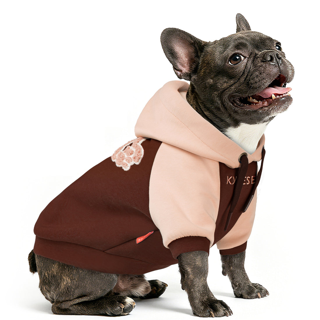 Winter dog hoodie with pink hood and brown body, paw patch, leash hole