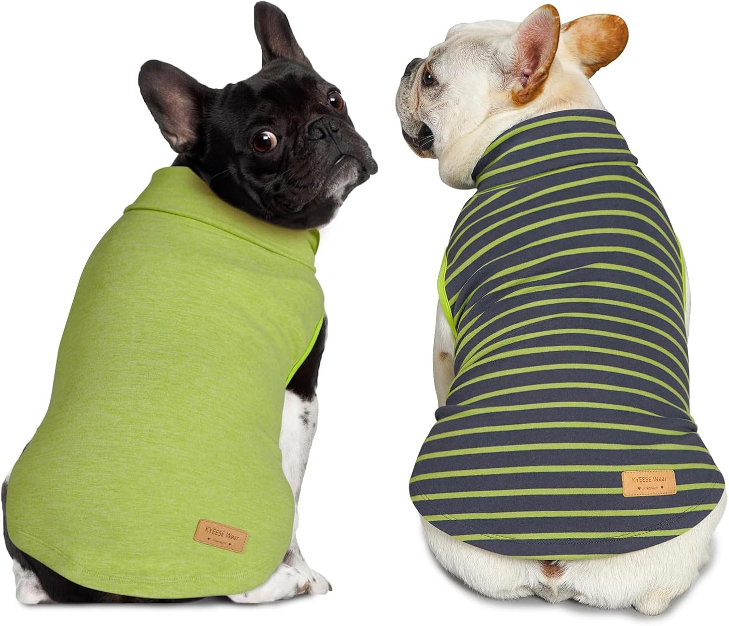 Lime green sleeveless dog turtleneck sweater and navy striped sleeveless sweater, two-pack