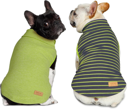 Lime green sleeveless dog turtleneck sweater and navy striped sleeveless sweater, two-pack