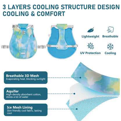Blue dog cooling vest showing three-layer mesh design with adjustable gray straps