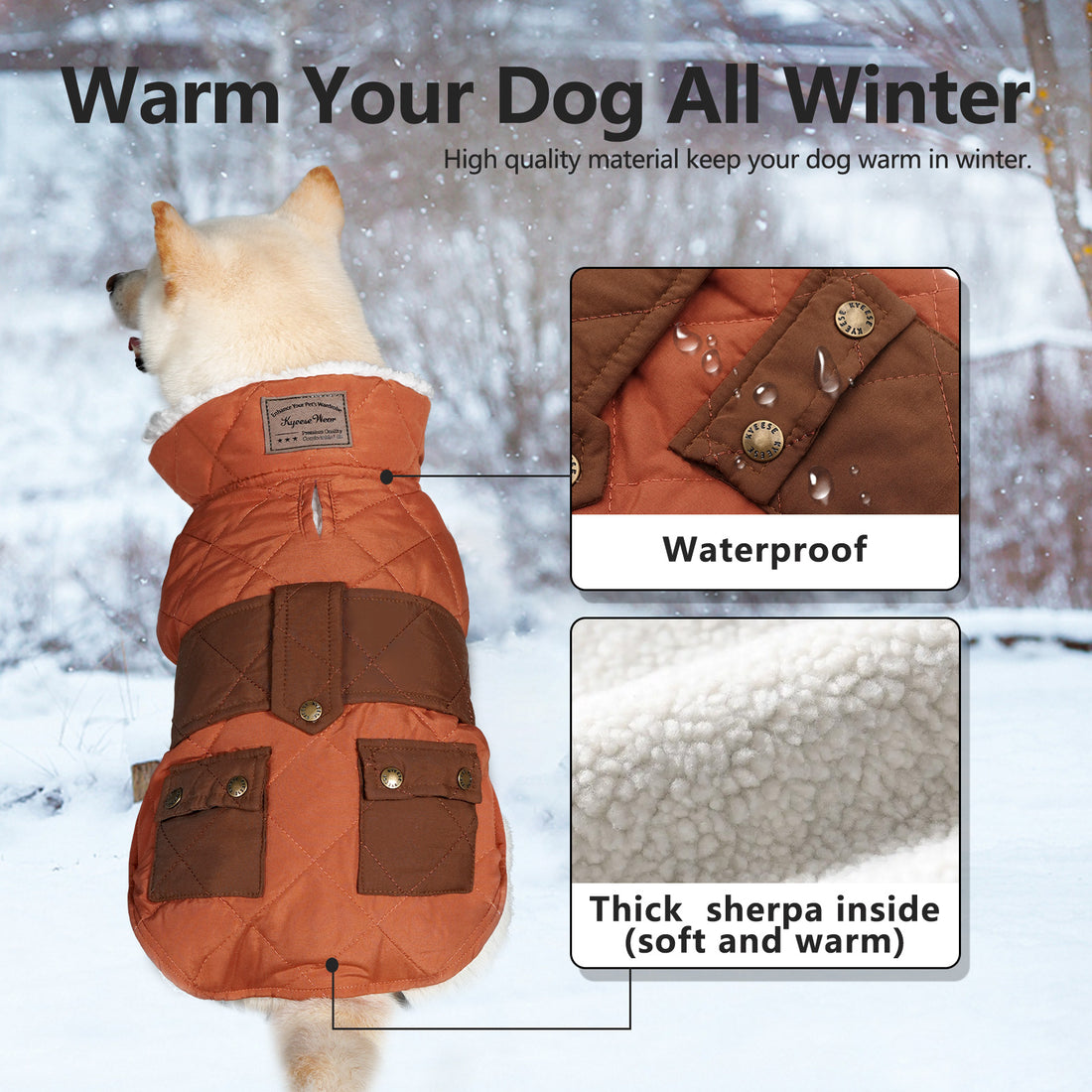 Windproof dog coat with pocket, brown outer with waterproof look and thick sherpa lining.