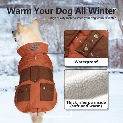 Windproof dog coat with pocket, brown outer with waterproof look and thick sherpa lining.