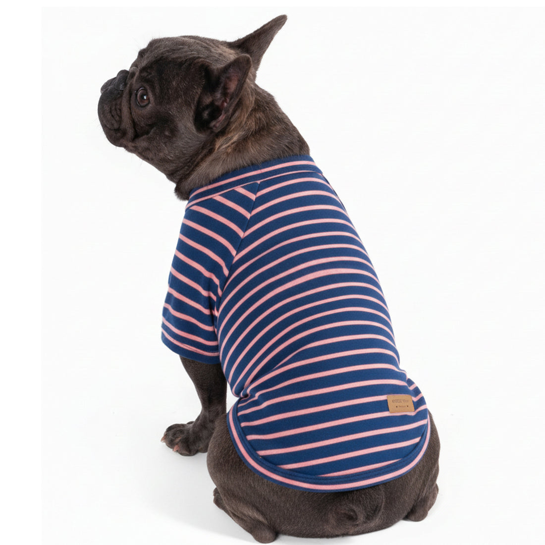 Dog shirt with dark blue raglan sleeves and pink-orange striped design