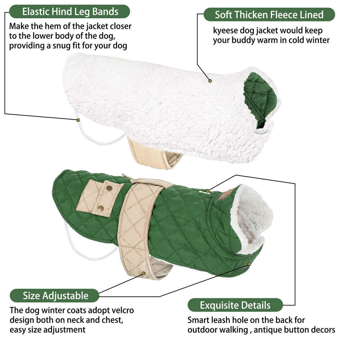 Quilted windproof dog coat with pocket, green with beige center panel and sherpa hood lining