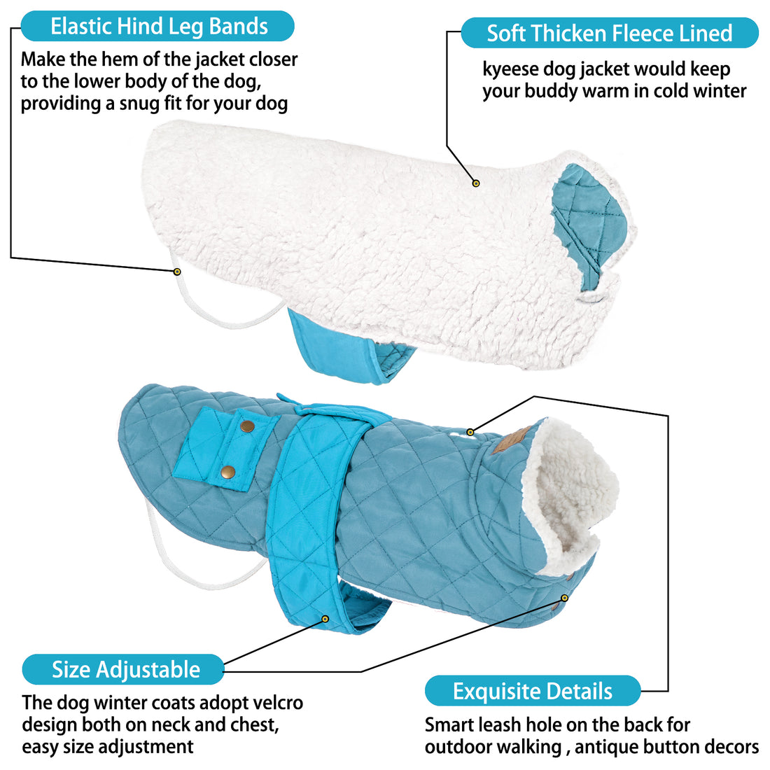 Quilted windproof dog coat with pocket, blue with light sherpa lining and hood