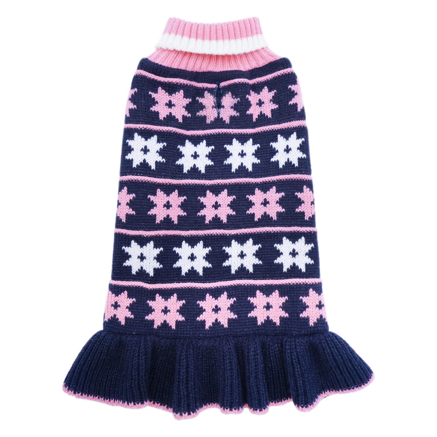 Dog sweater dress, navy knit with pink and white snowflake pattern and ruffled hem