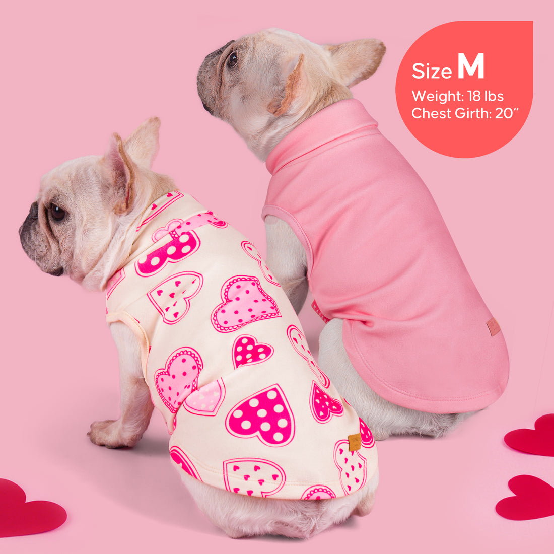 Sleeveless dog shirt in white with pink heart shapes and pink "love" trim