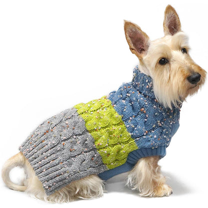 Blue, lime and gray fuzzy dog sweater, turtleneck, color-block knit panels