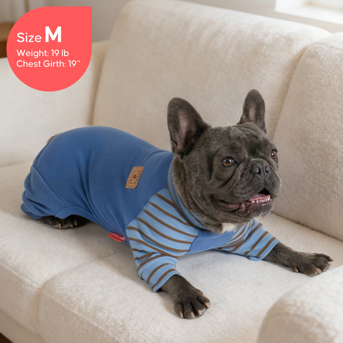 Blue striped dog thermal pajamas with striped cuffs and dog-face fit hoodless.