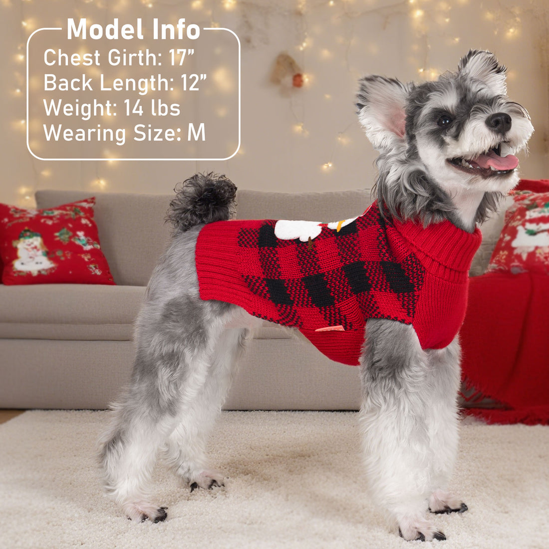 Dog sweater in red and black plaid with snowman applique and ribbed neck and hem