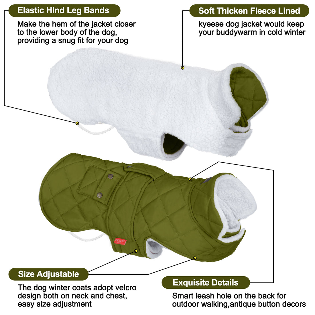 White and olive green quilted dog coats with sherpa lining and leg bands