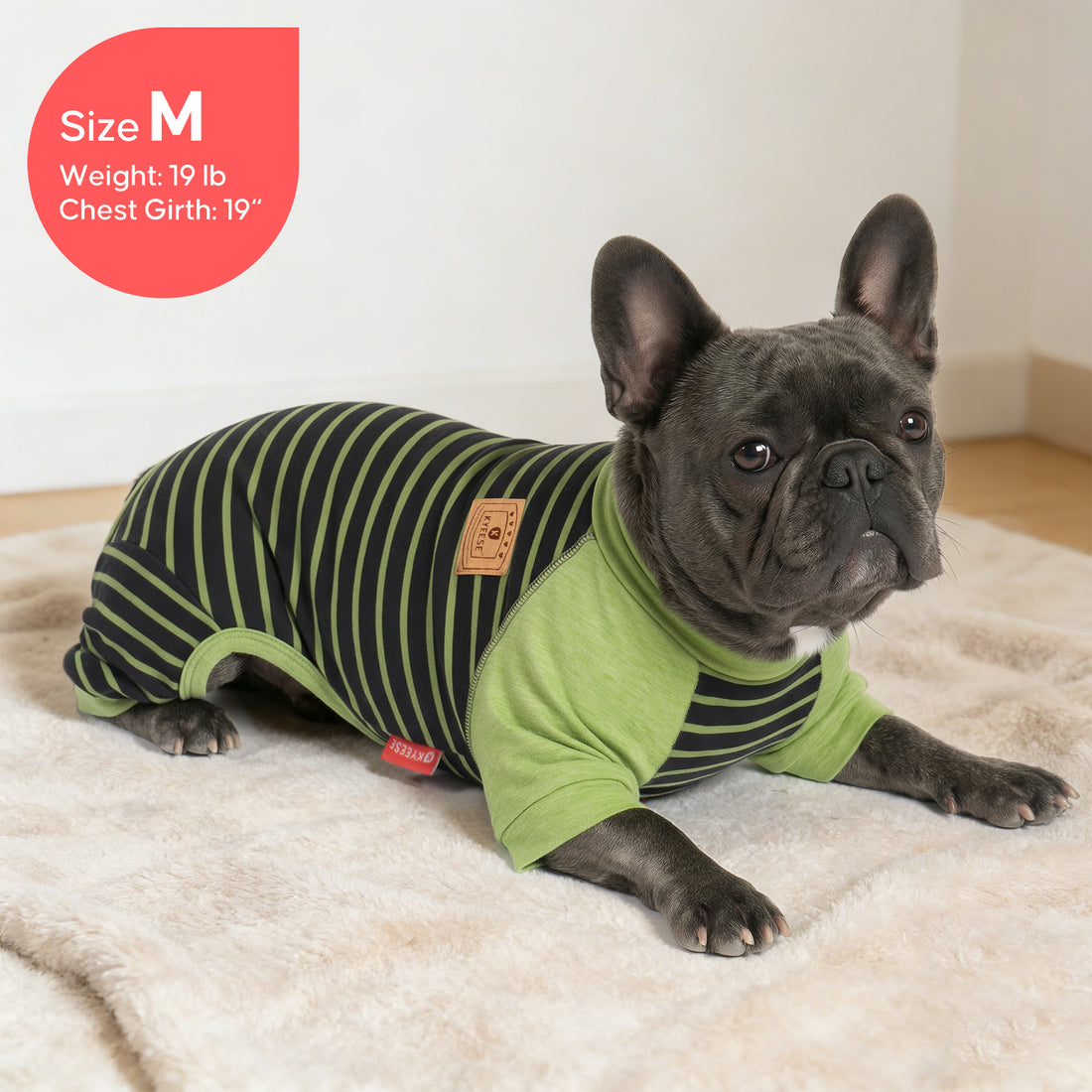 Green and black striped dog thermal pajamas with long sleeves and turtleneck.