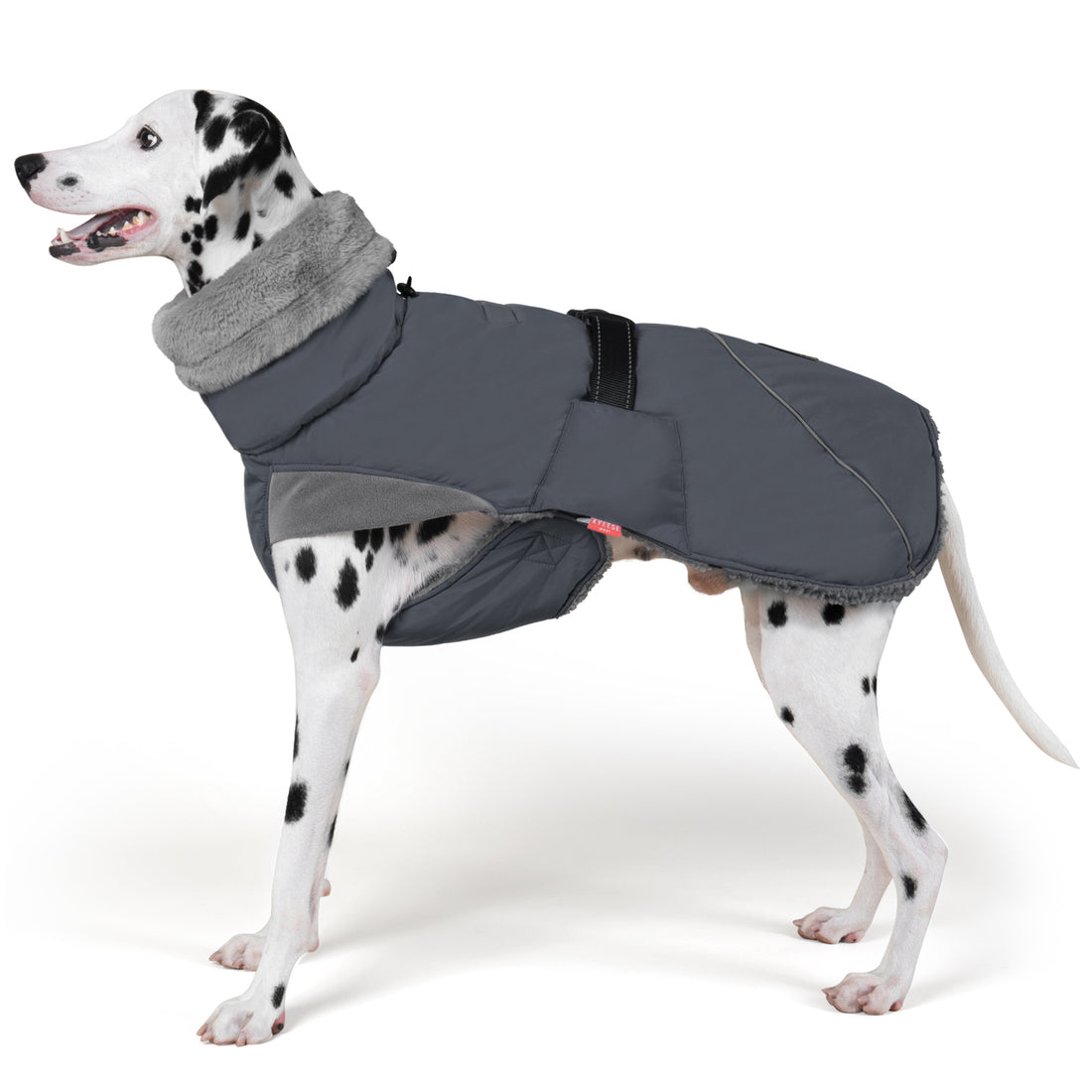 Fleece-lined windproof winter dog coat in gray with gray faux-fur collar.