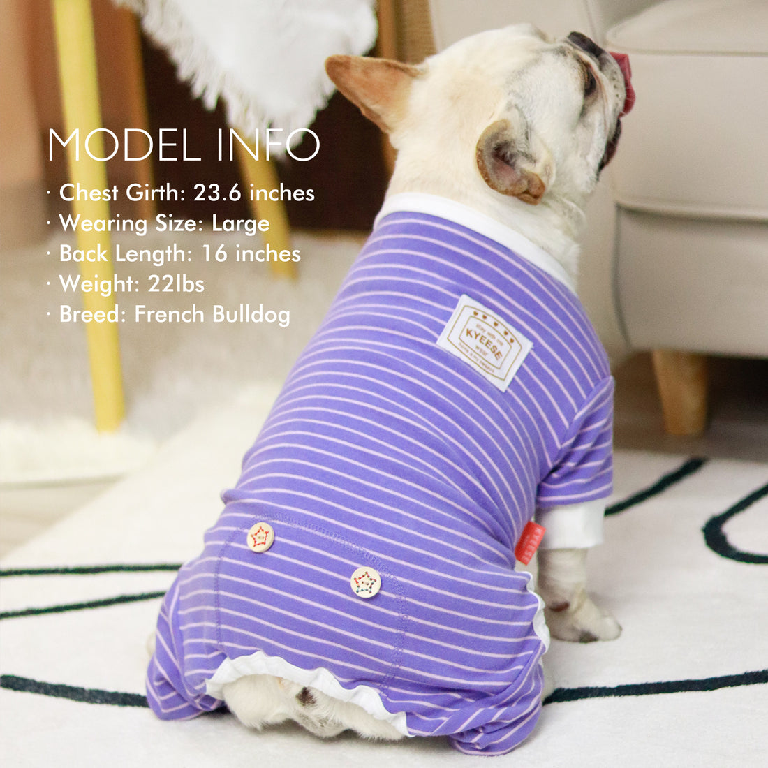 Striped dog onesie pajamas in purple with light stripes, chest patch and ribbed cuffs