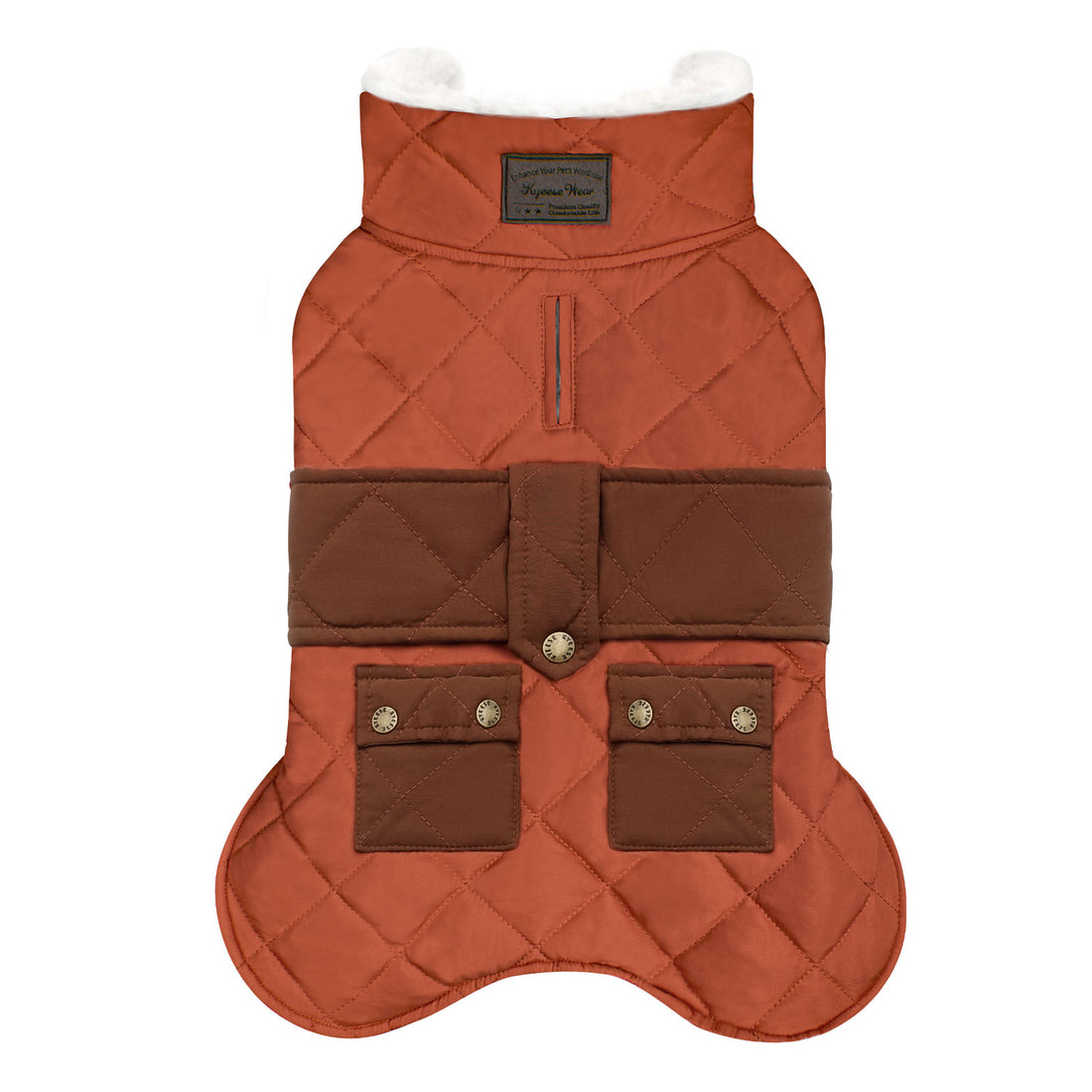 Quilted dog coat with pocket, rust-orange outer and brown lower pocket panels.