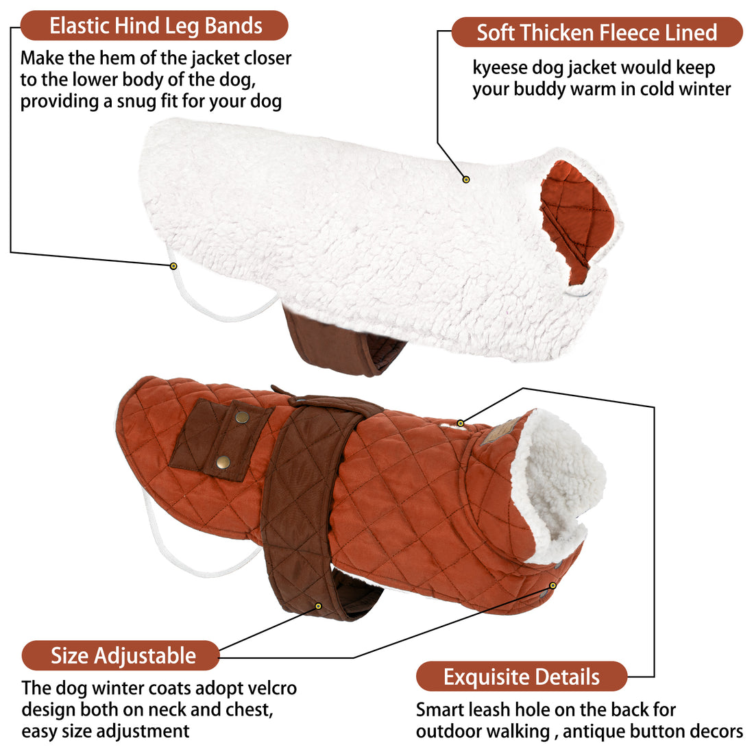 Quilted dog coat with pocket, tan-brown shell and white sherpa fleece lining.