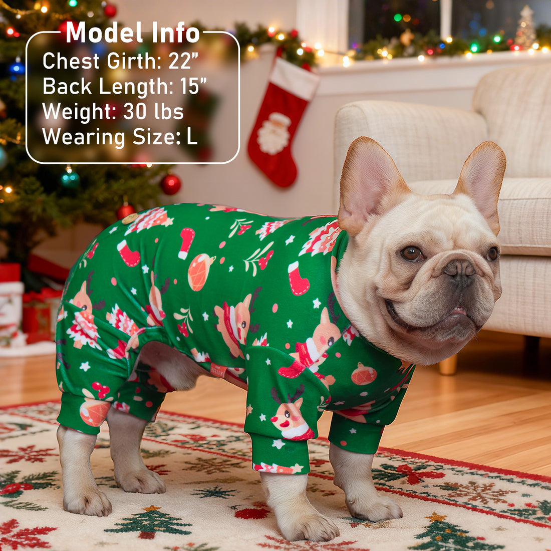 Green turtleneck dog Christmas pajamas with holiday animal print, long sleeves