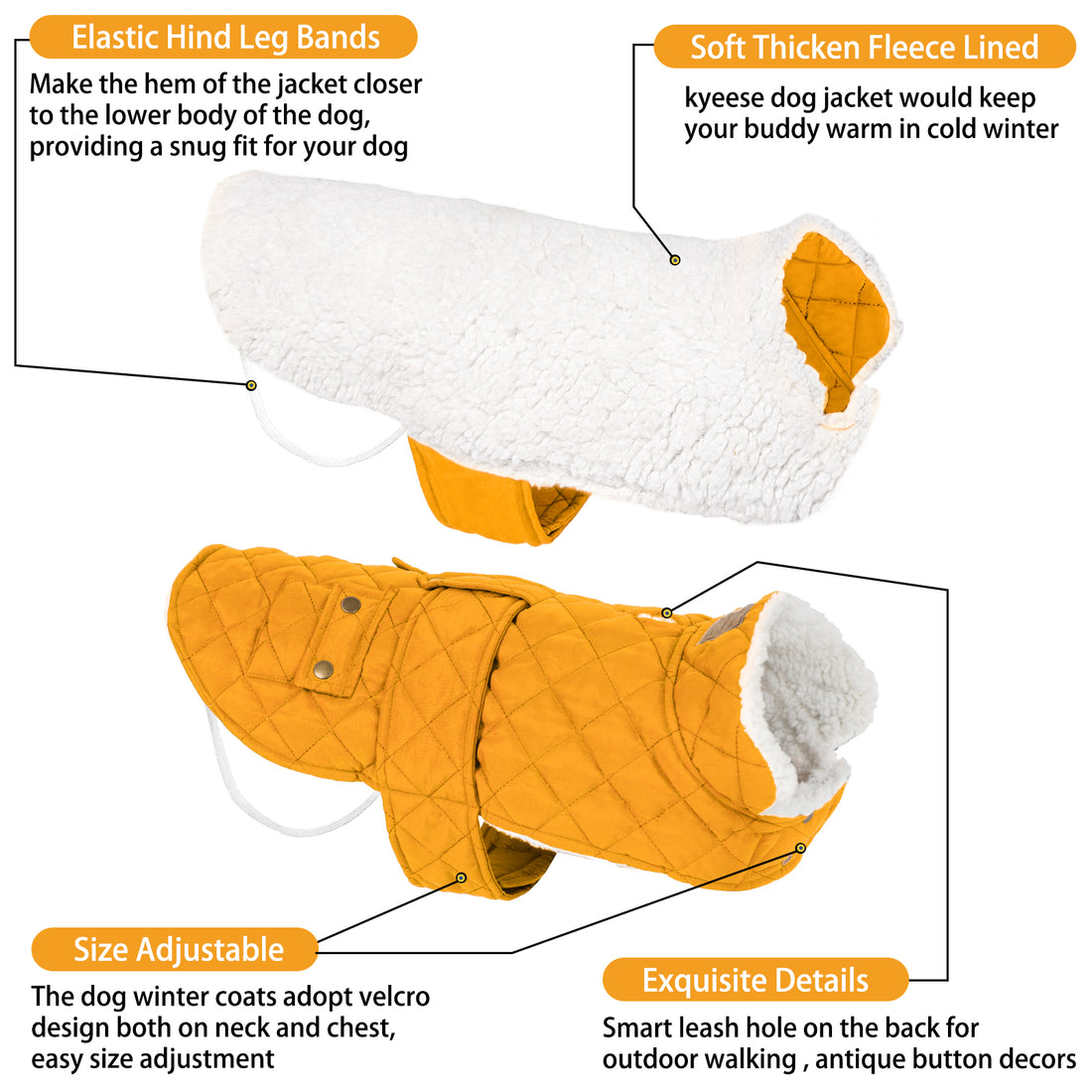 Orange quilted dog coat with sherpa-lined hood and elastic hind leg bands.