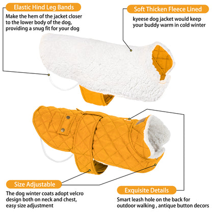 Orange quilted dog coat with sherpa-lined hood and elastic hind leg bands.