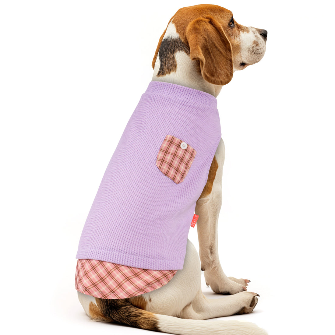 Purple waffle knit dog sleeveless shirt with plaid pocket and plaid hemline