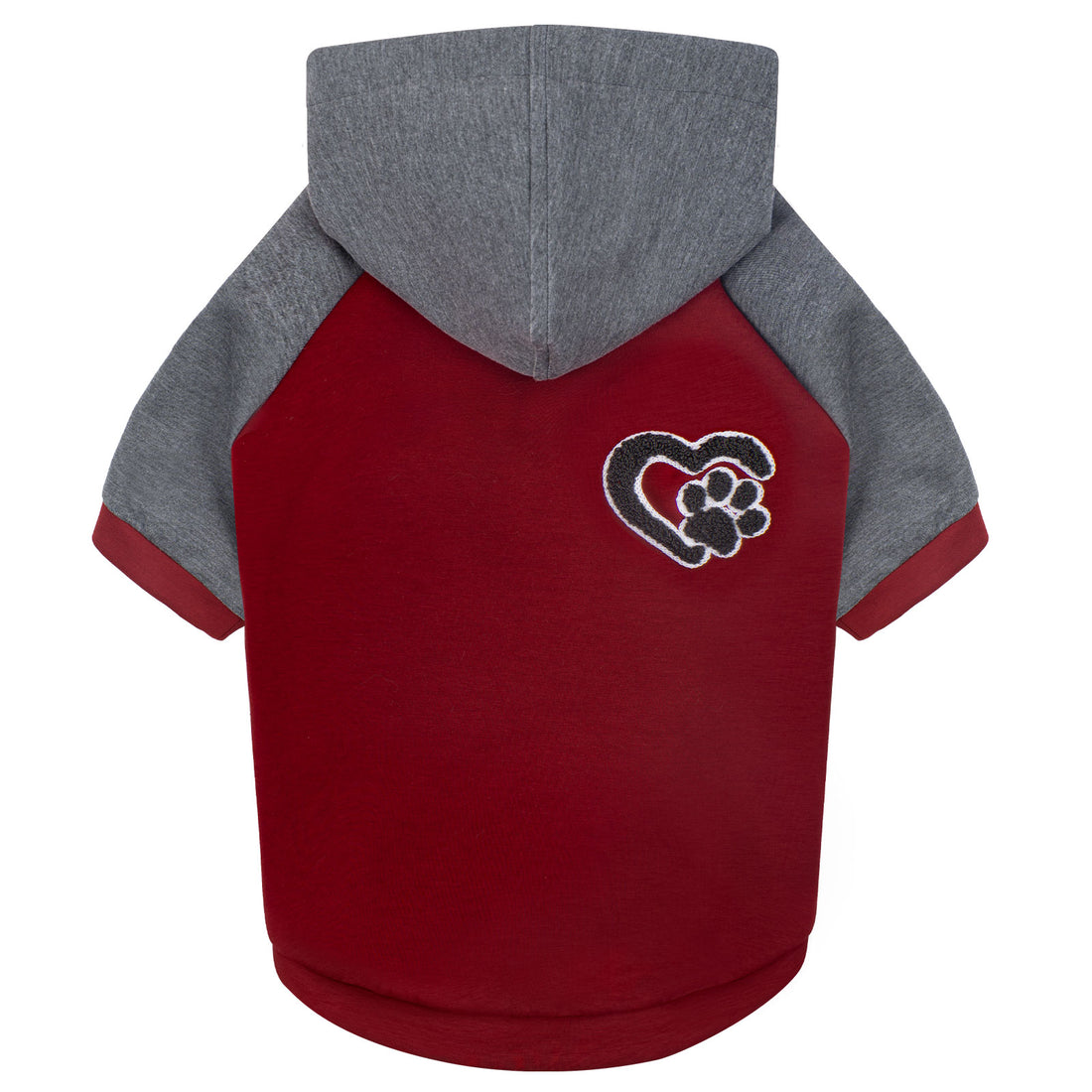 Back view of two-tone dog hoodie with gray hood and sleeves and deep red body.
