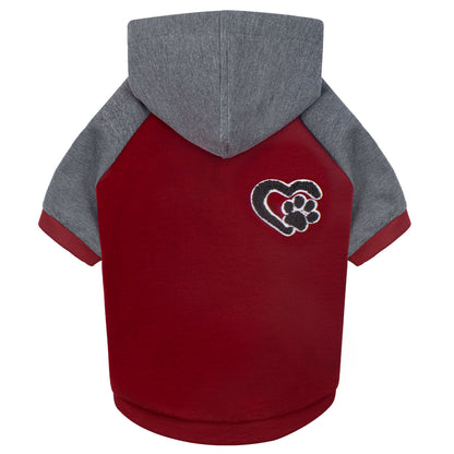 Back view of two-tone dog hoodie with gray hood and sleeves and deep red body.