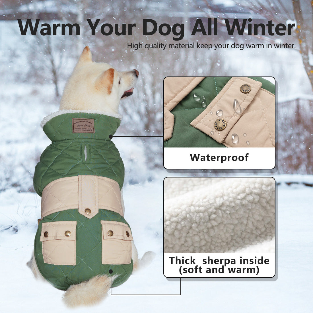 Quilted windproof dog coat with pocket in green and beige, thick sherpa-lined interior