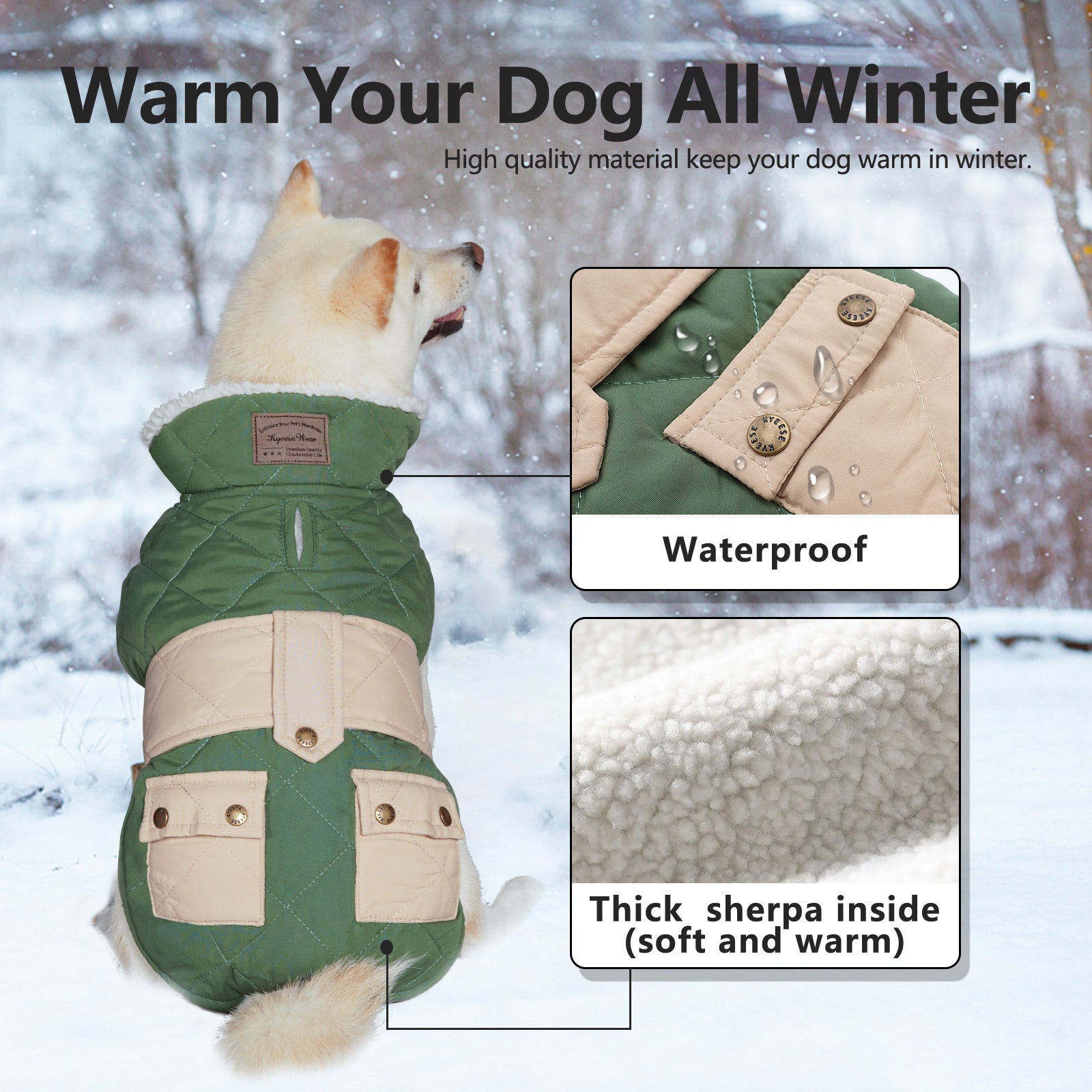Quilted windproof dog coat with pocket in green and beige, thick sherpa-lined interior