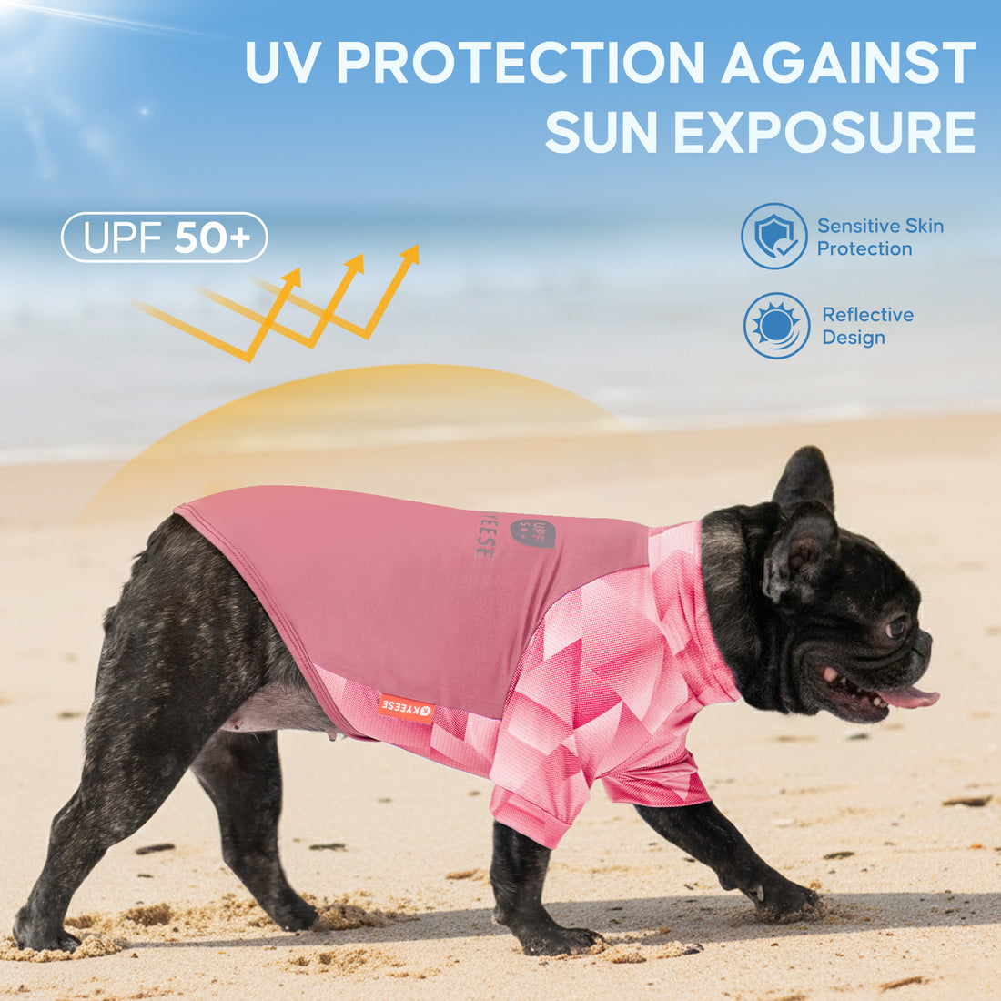 Pink UV-protective dog shirt with geometric quilted chest panel and short sleeves