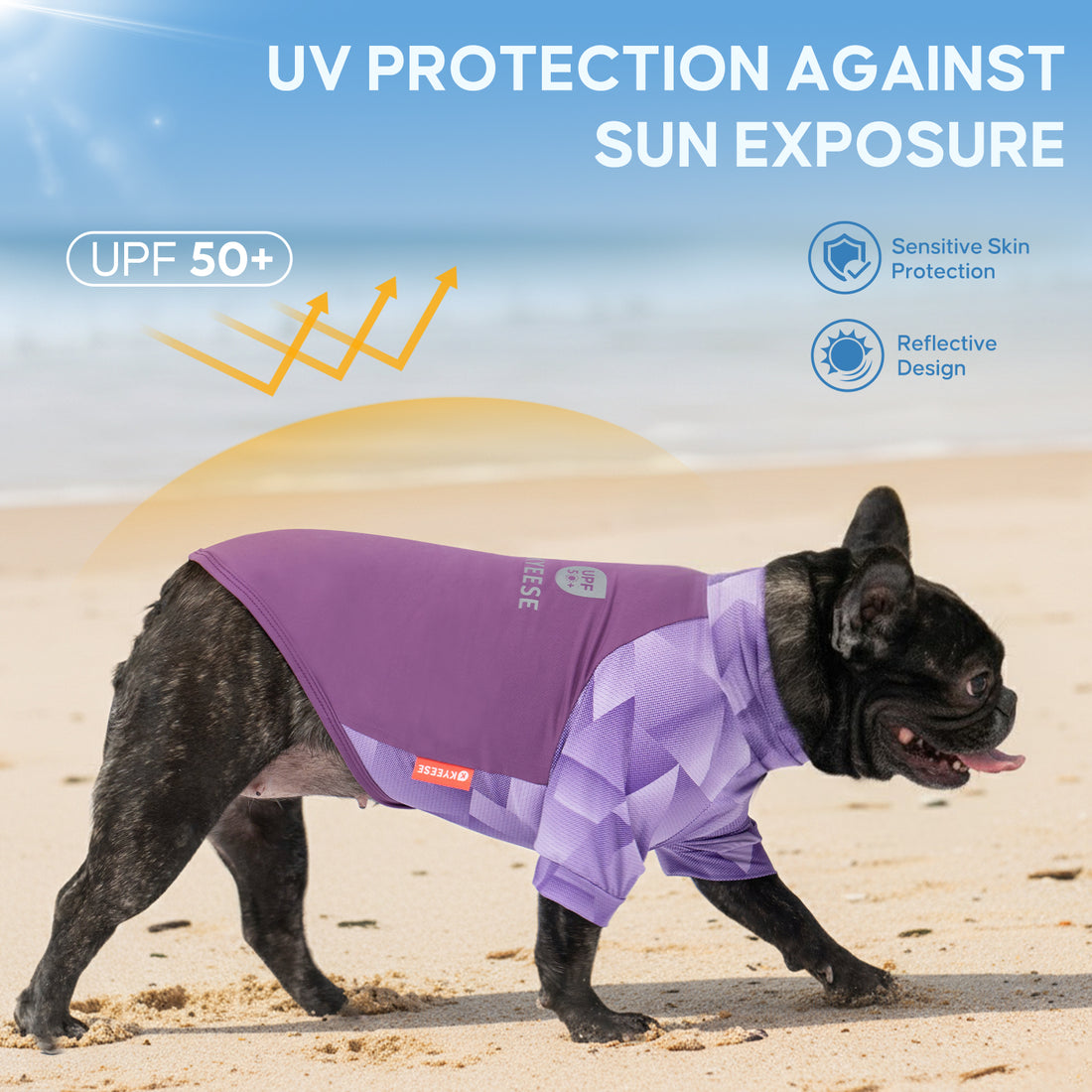 Purple UV-protective dog shirt with geometric quilted panel and short sleeves