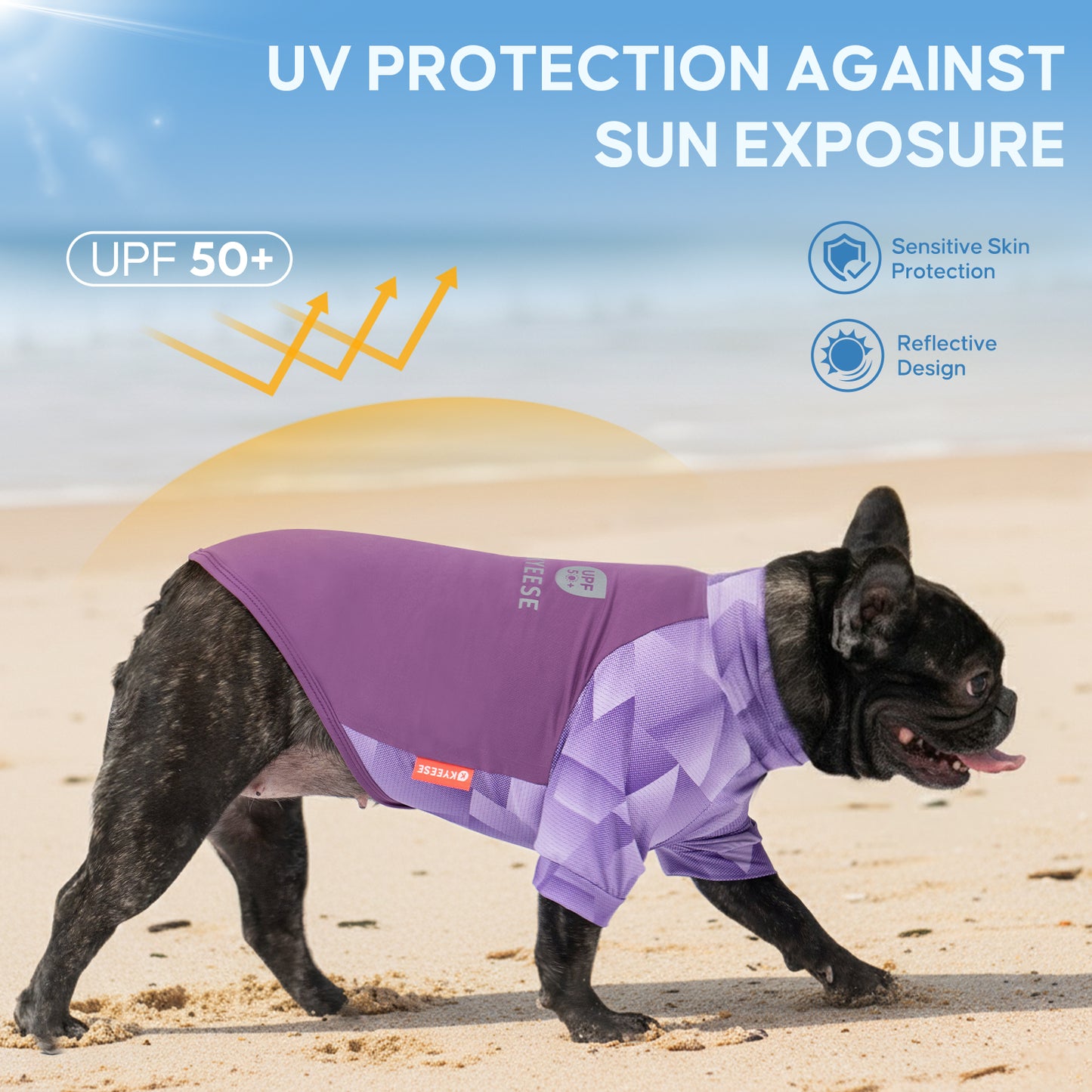 Purple UV-protective dog shirt with geometric quilted panel and short sleeves