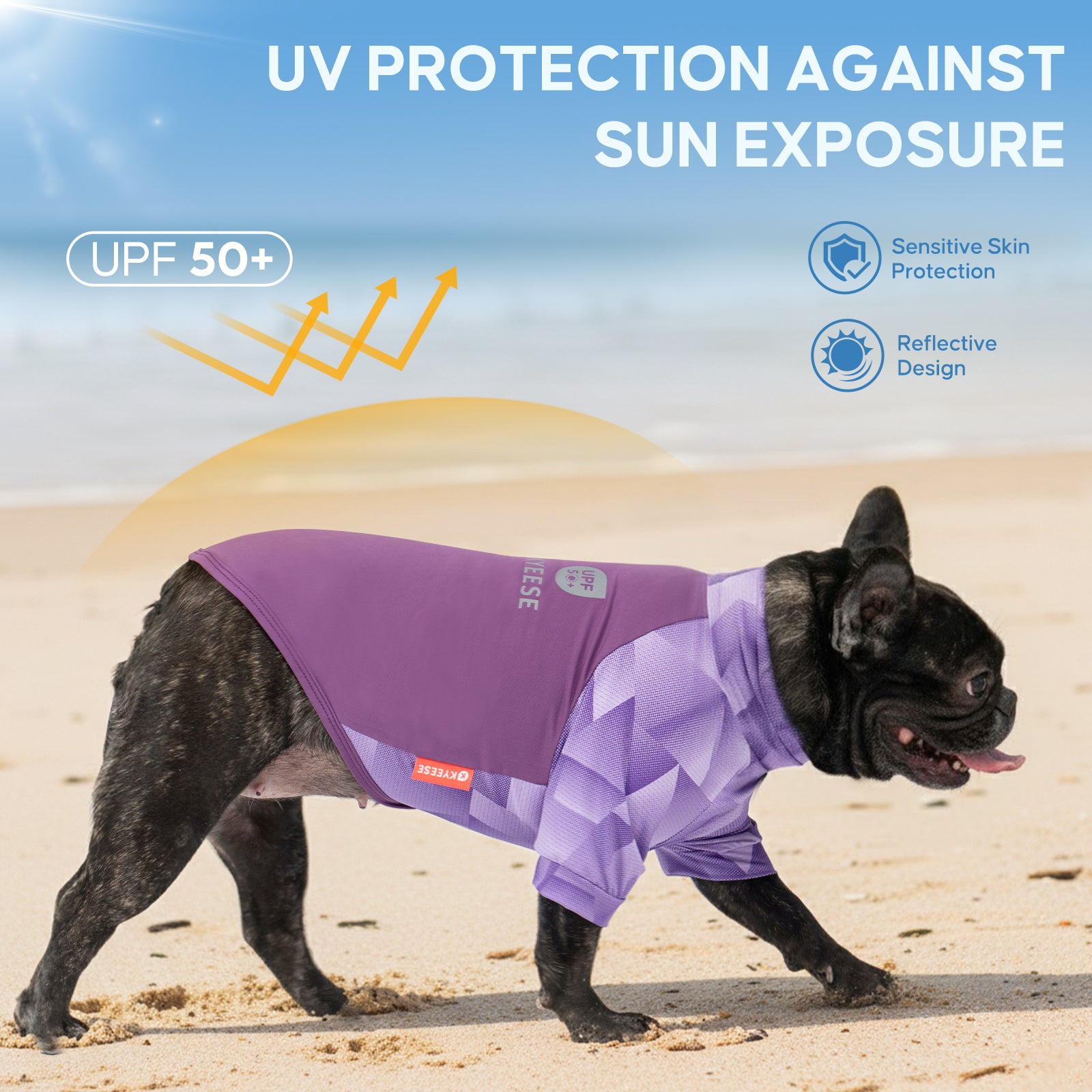 Purple UV-protective dog shirt with geometric quilted panel and short sleeves