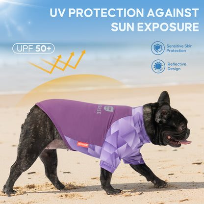 Purple UV-protective dog shirt with geometric quilted panel and short sleeves