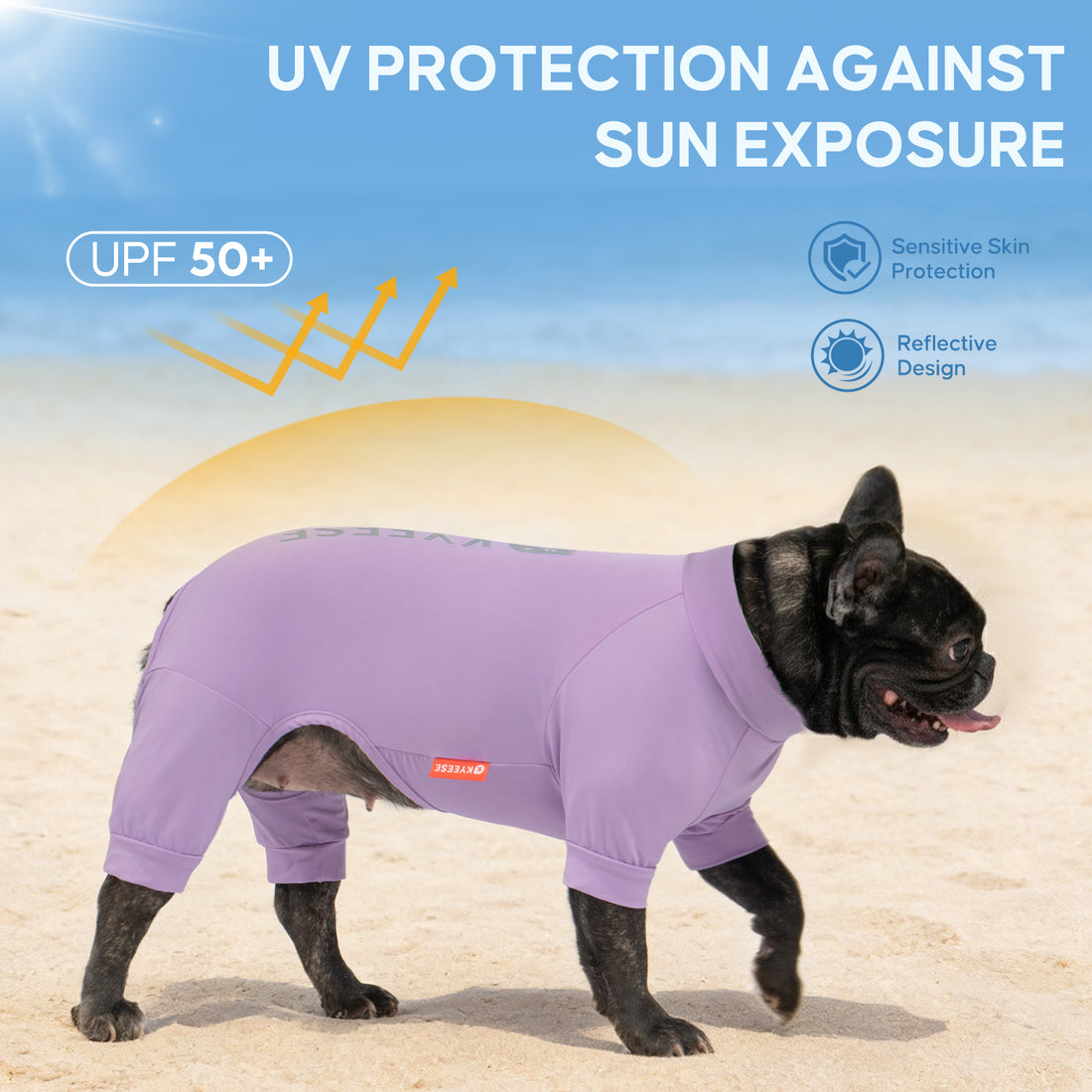 Purple one-piece dog sun protection pajama suit with short sleeves and legs