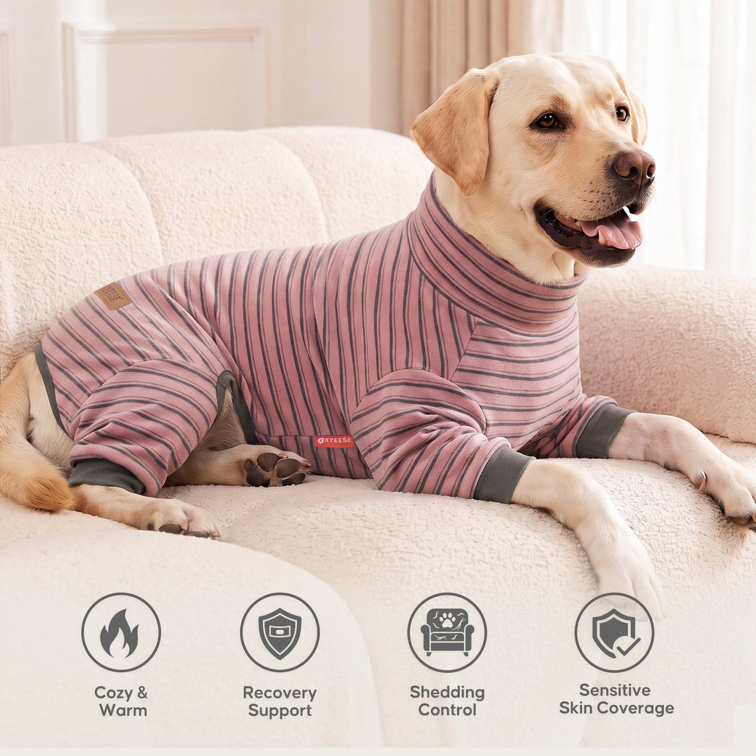 Tan dog resting on a cream sofa wearing pink striped high neck pajamas