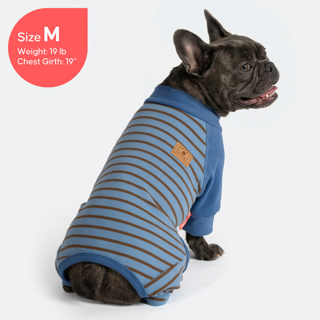Blue thermal dog pajamas with brown-and-blue striped torso and small chest patch