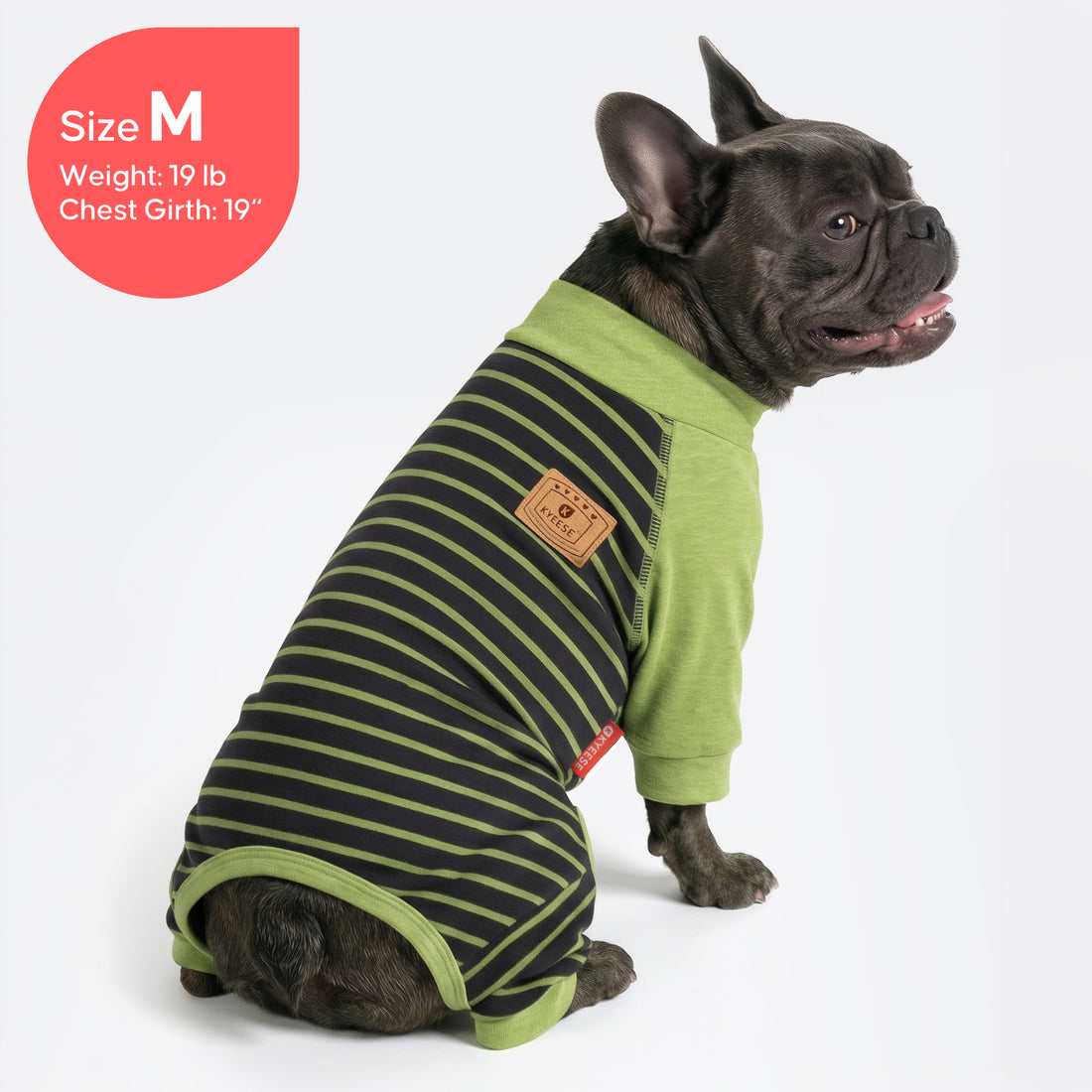 Green and black striped dog thermal pajamas with long sleeves and turtleneck.