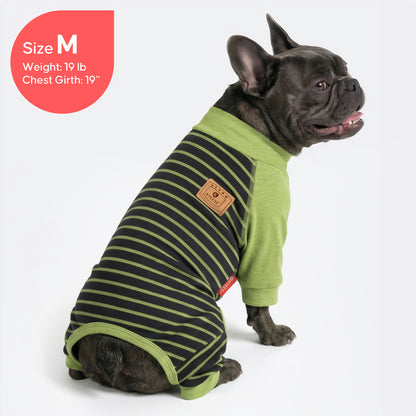Green and black striped dog thermal pajamas with long sleeves and turtleneck.