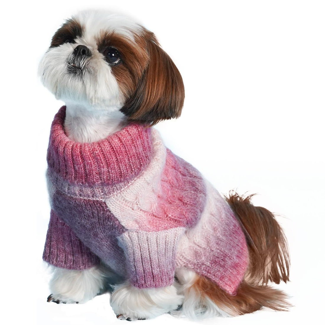 Striped knit dog sweater with turtleneck, pink and purple color blocks