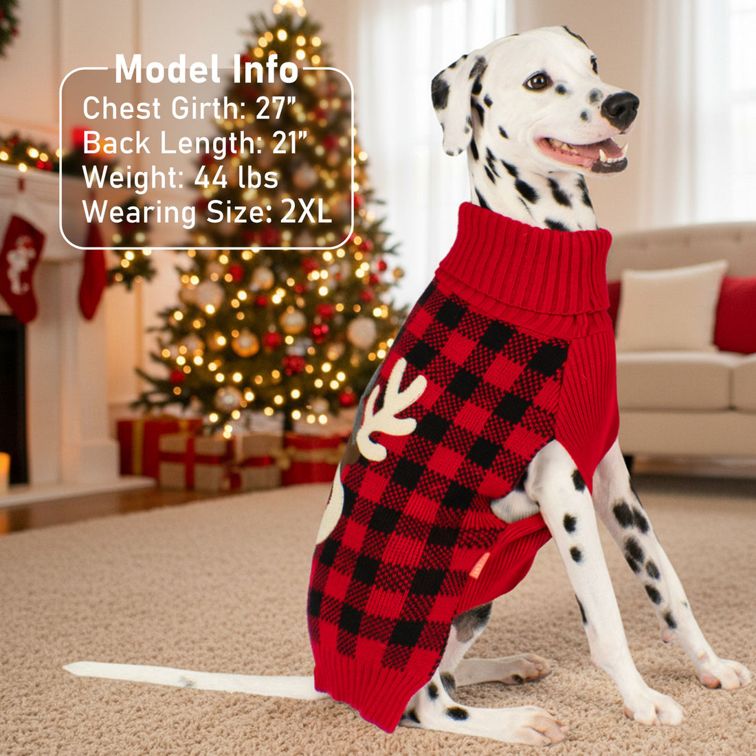 Red and black plaid dog sweater with reindeer applique and ribbed turtleneck collar.