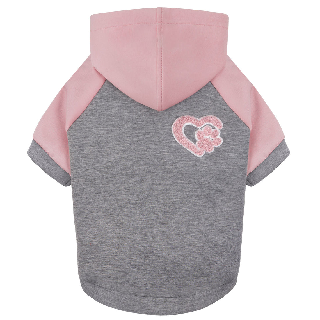 Winter dog hoodie with pink hood, gray torso, and pink paw patch