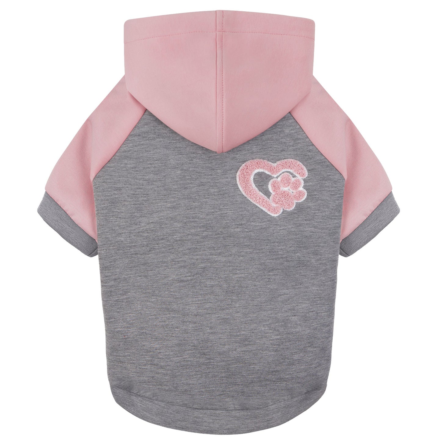 Winter dog hoodie with pink hood, gray torso, and pink paw patch