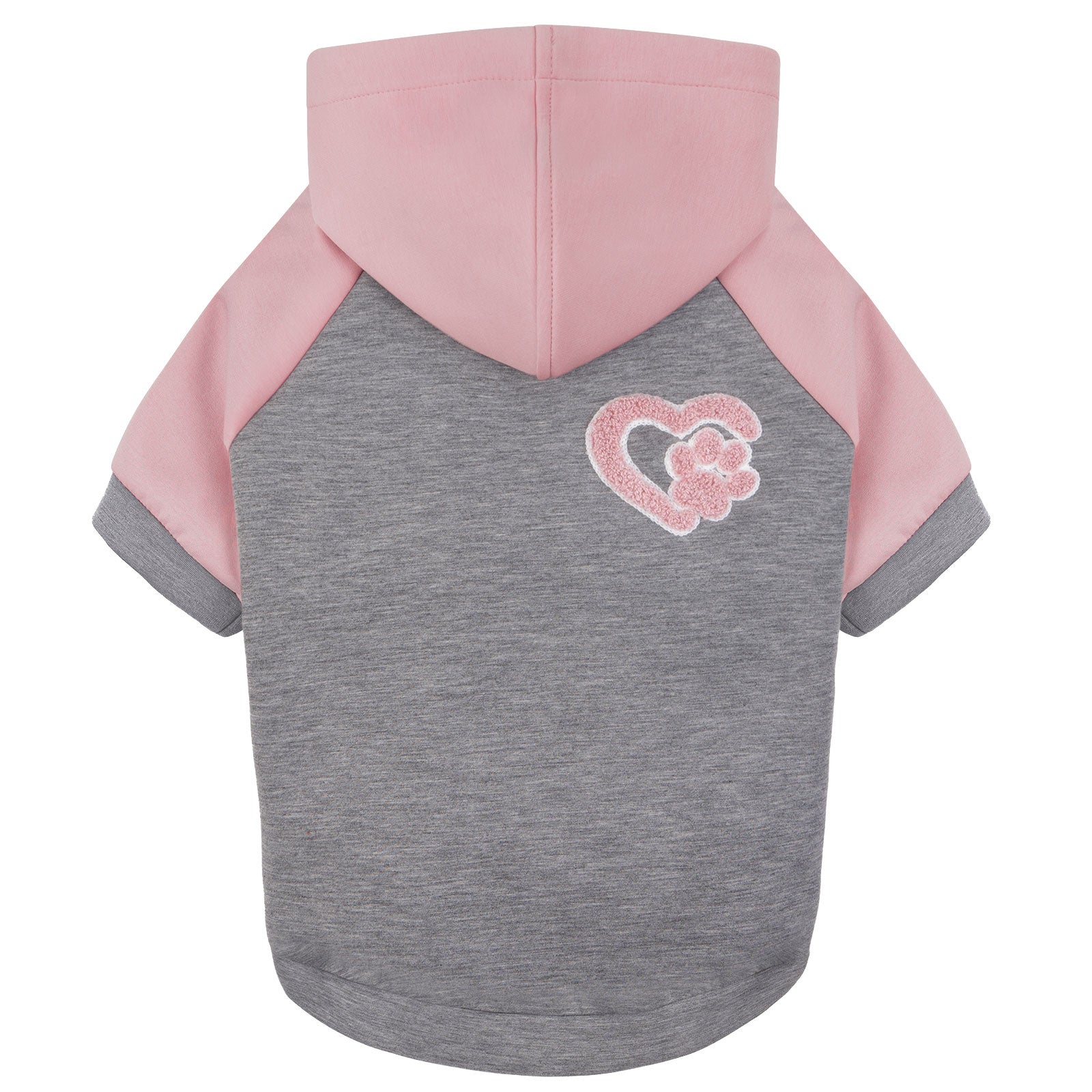 Winter dog hoodie with pink hood, gray torso, and pink paw patch