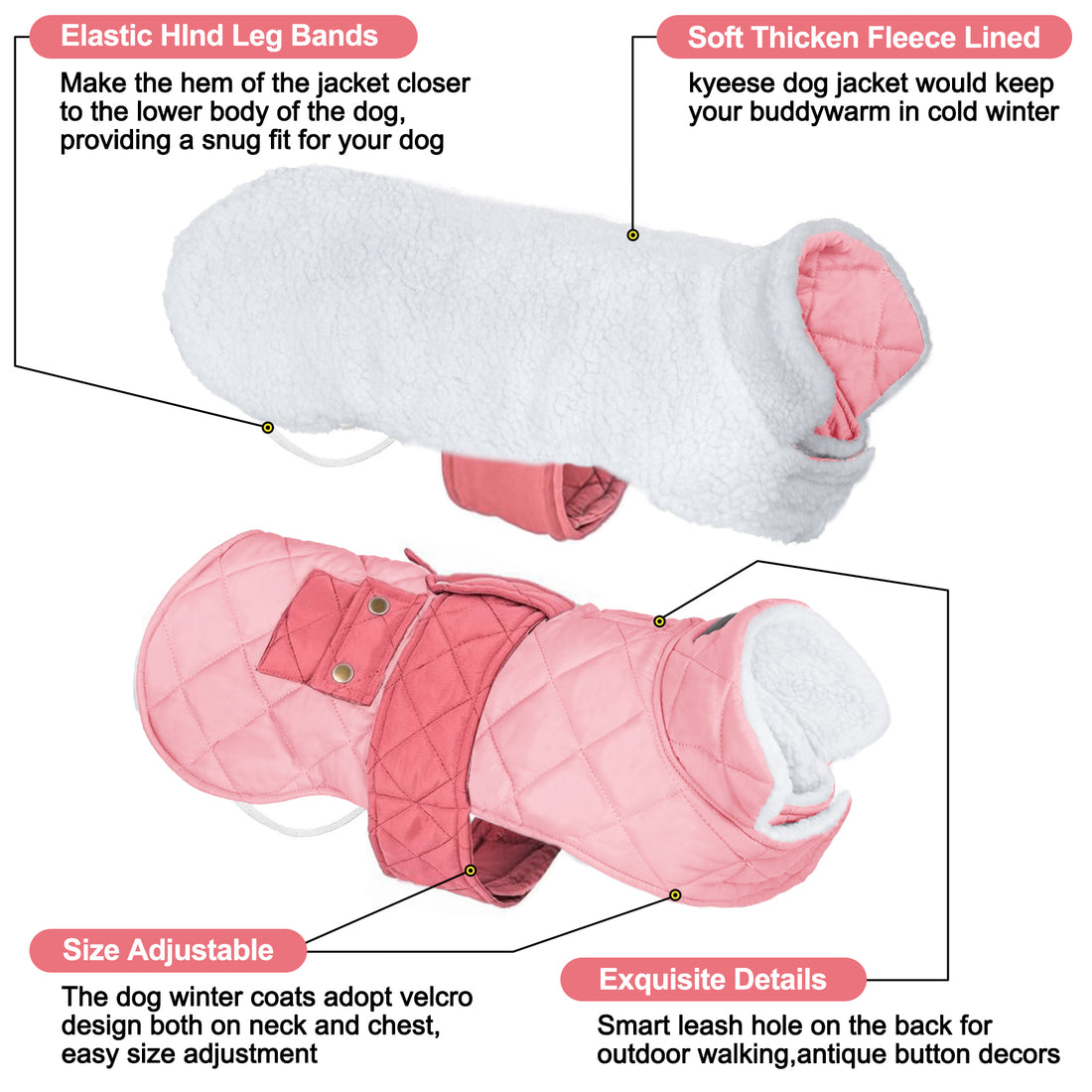 Pink quilted dog coat with sherpa lining and elastic hind leg bands