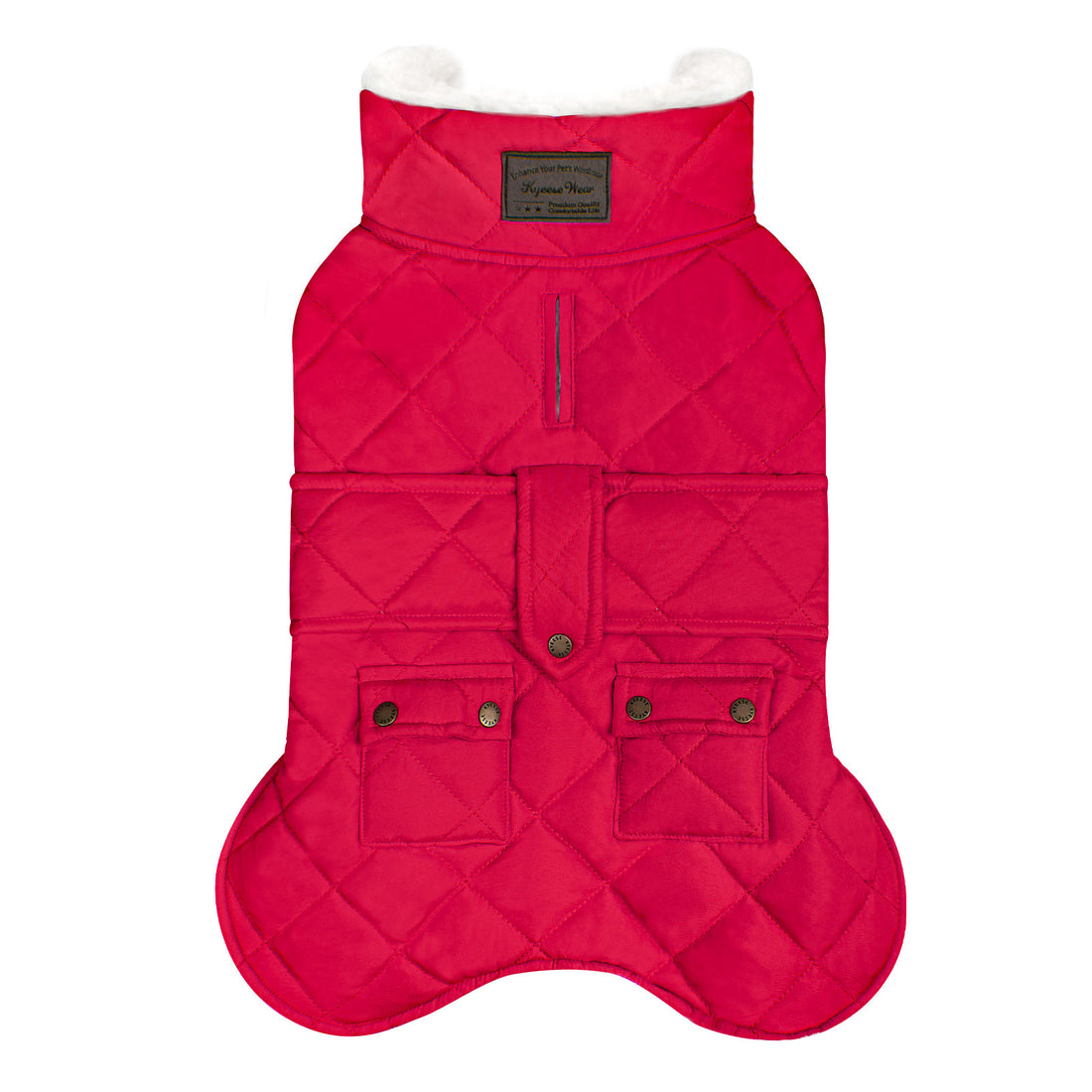 Red quilted dog coat with hood, front zipper, and four buttoned pockets