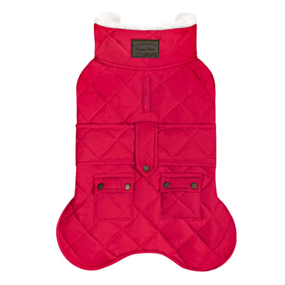 Red quilted dog coat with hood, front zipper, and four buttoned pockets