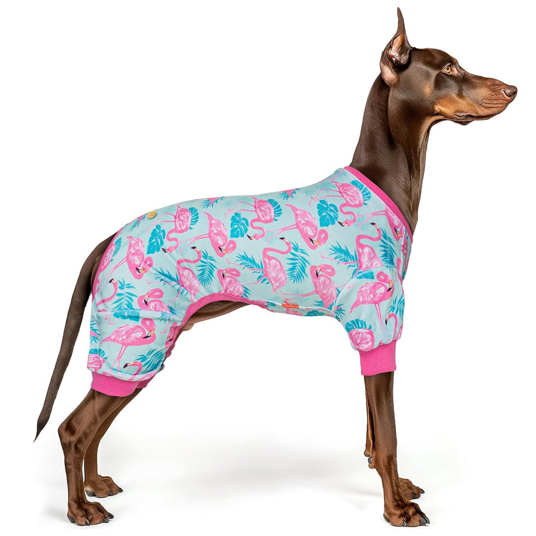 Flamingo print dog onesie pajamas with pink cuffs and round neckline, long leg style