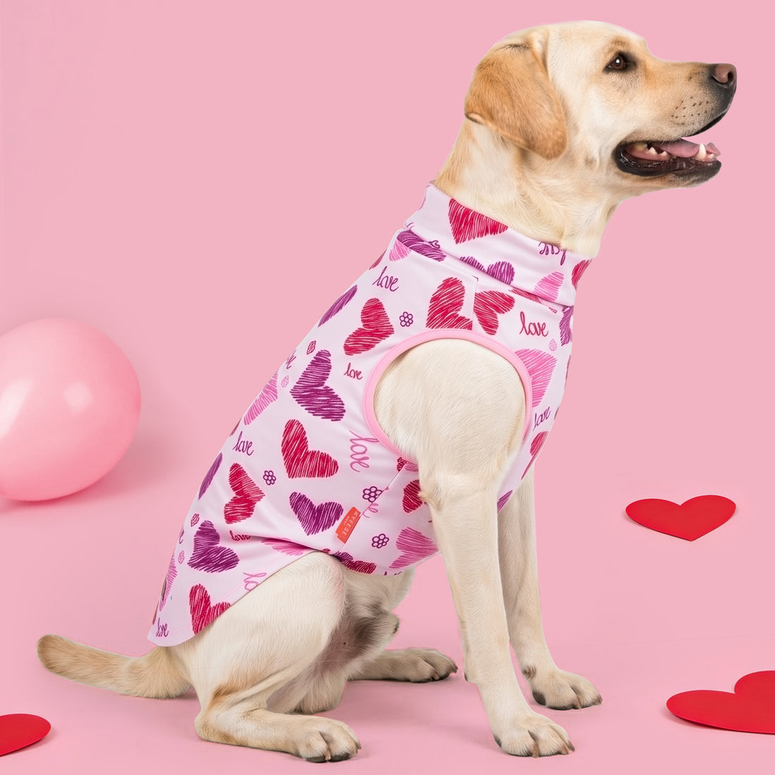 Sleeveless dog shirt in white with pink heart print and "love" lettering