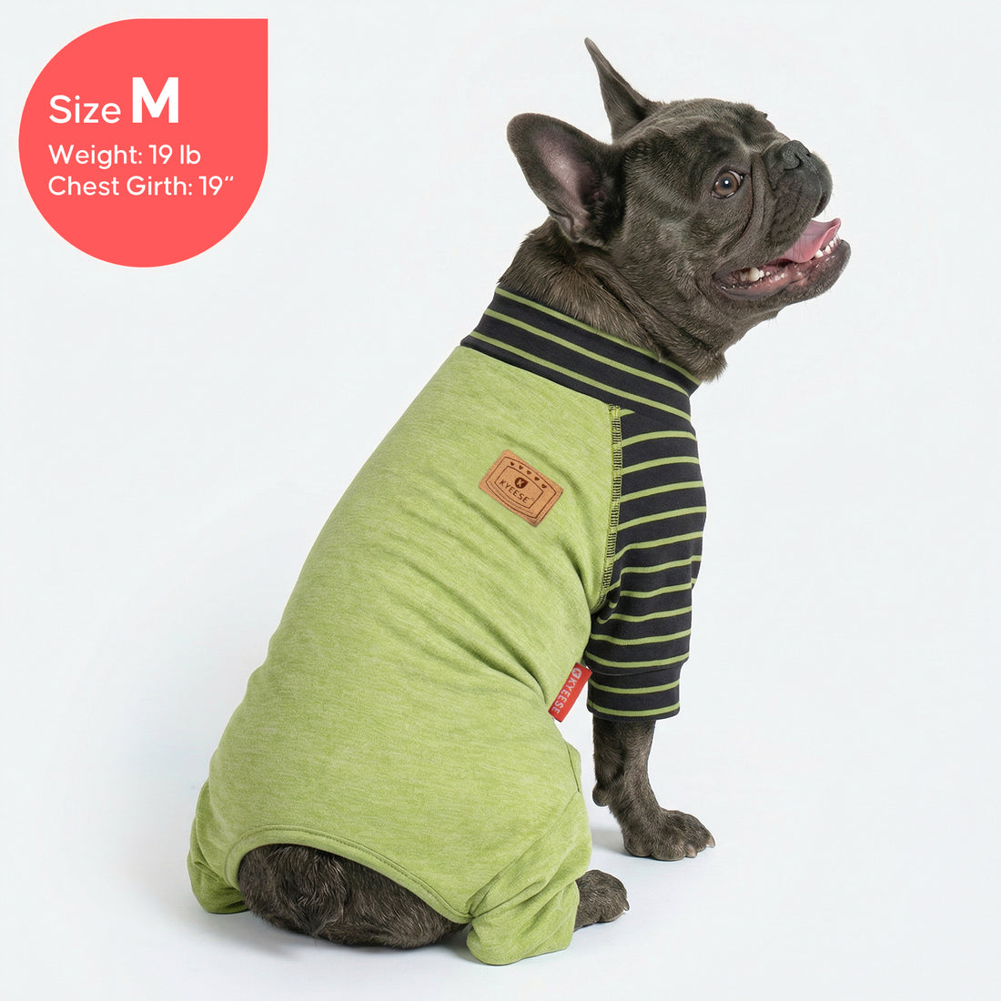 Green thermal dog pajamas with dark green striped turtleneck and small logo patch