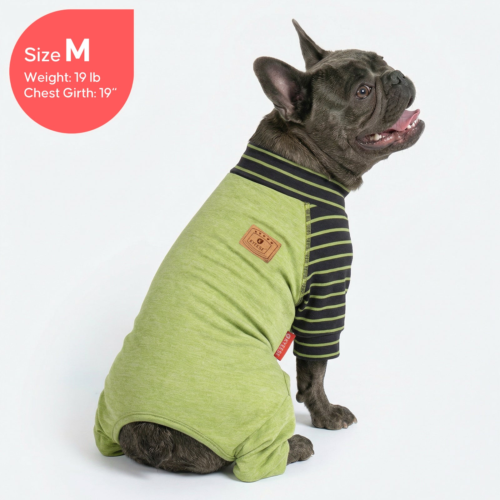 Green thermal dog pajamas with dark green striped turtleneck and small logo patch